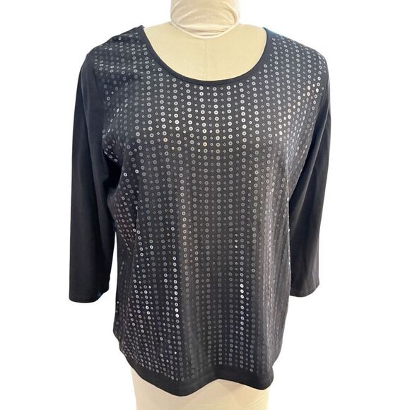 TanJay Tops - Tan Jay Black Sequin Front 3/4 Sleeve Pullover Top Sz. M